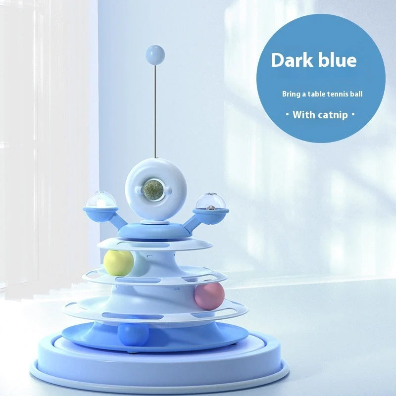 Interactive 4-level cat toy tower with turntable and roller balls in vibrant colours