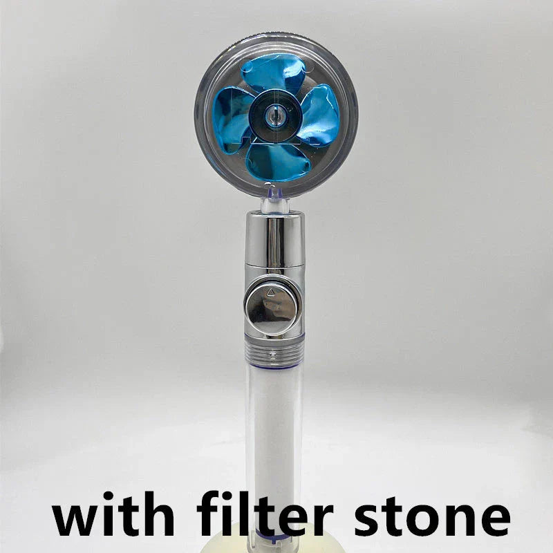 360-degree rotating high-pressure shower head with built-in fan and adjustable water spray