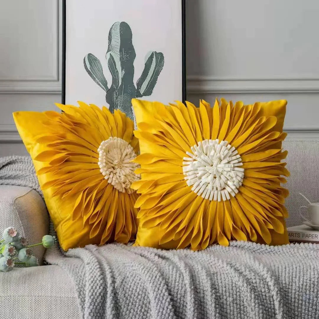 Decorative throw pillows in various colours featuring 3D chrysanthemum embroidery on a velvet surface