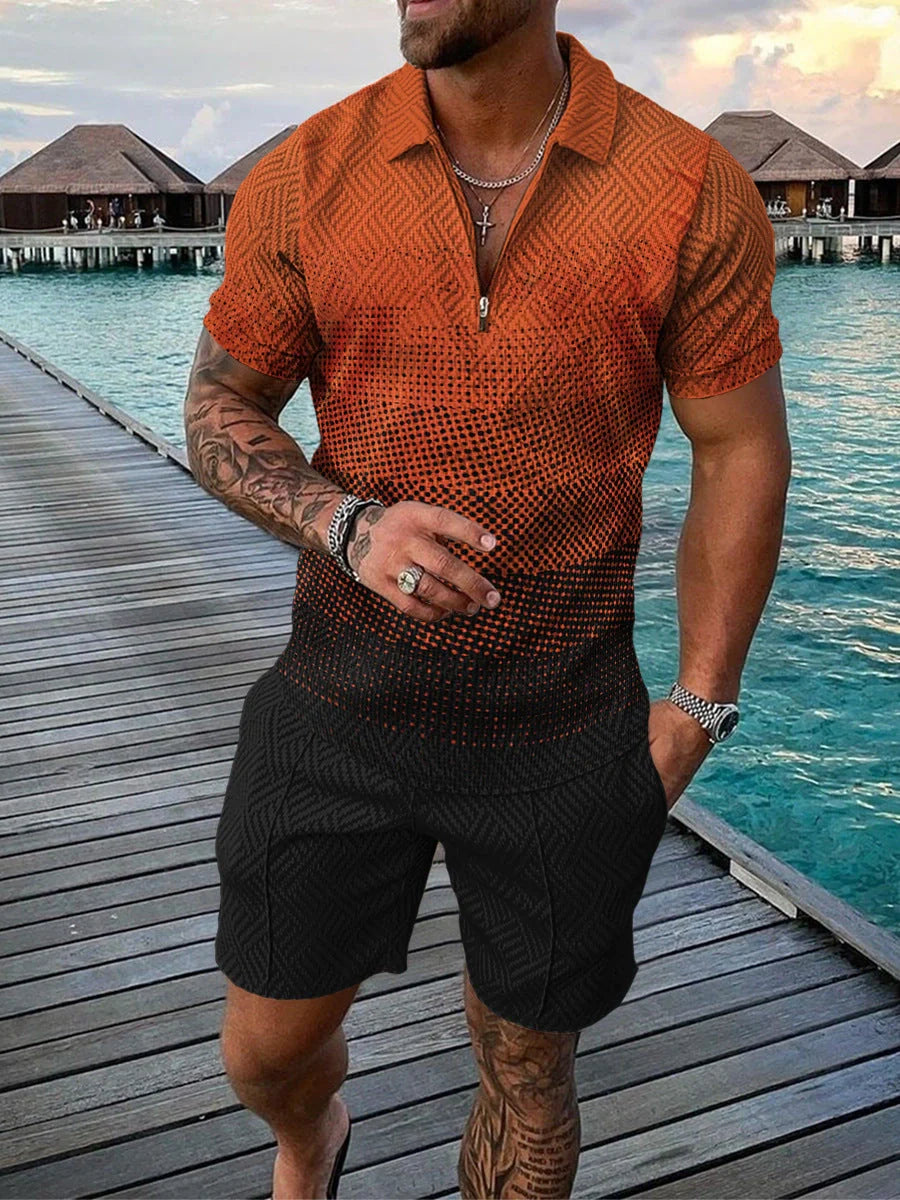 Men's casual contrast polo zip lapel shirt with shorts set in various colours