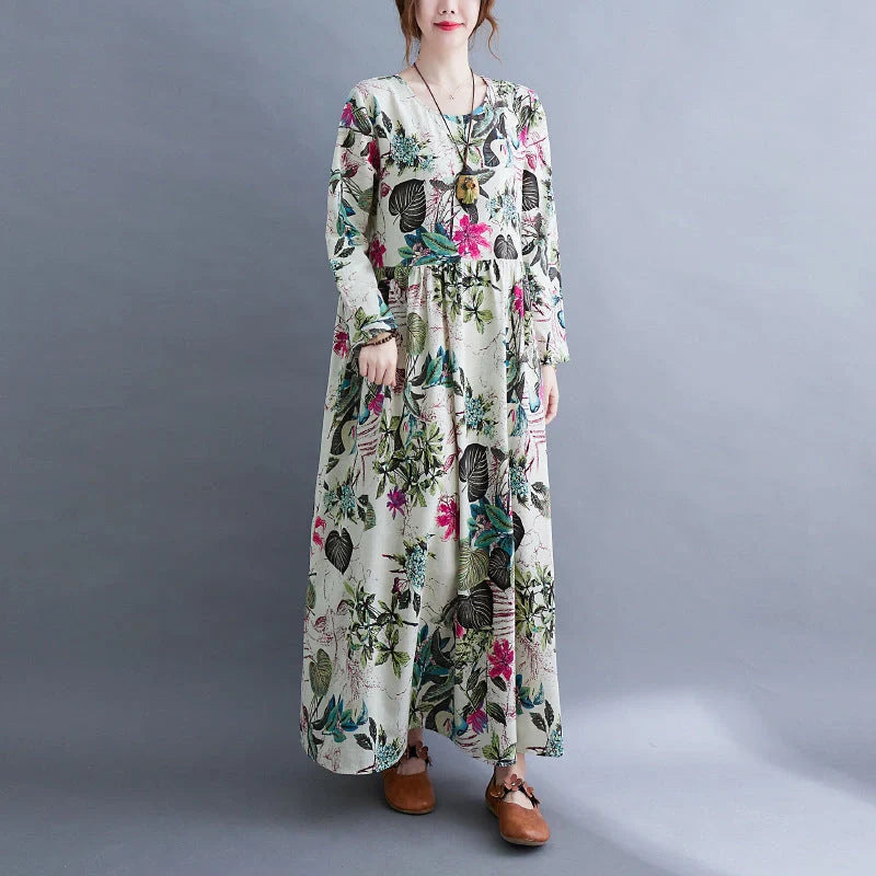 Literary Plus Size Printed Long Sleeve Cotton Blend Dress in vibrant colours