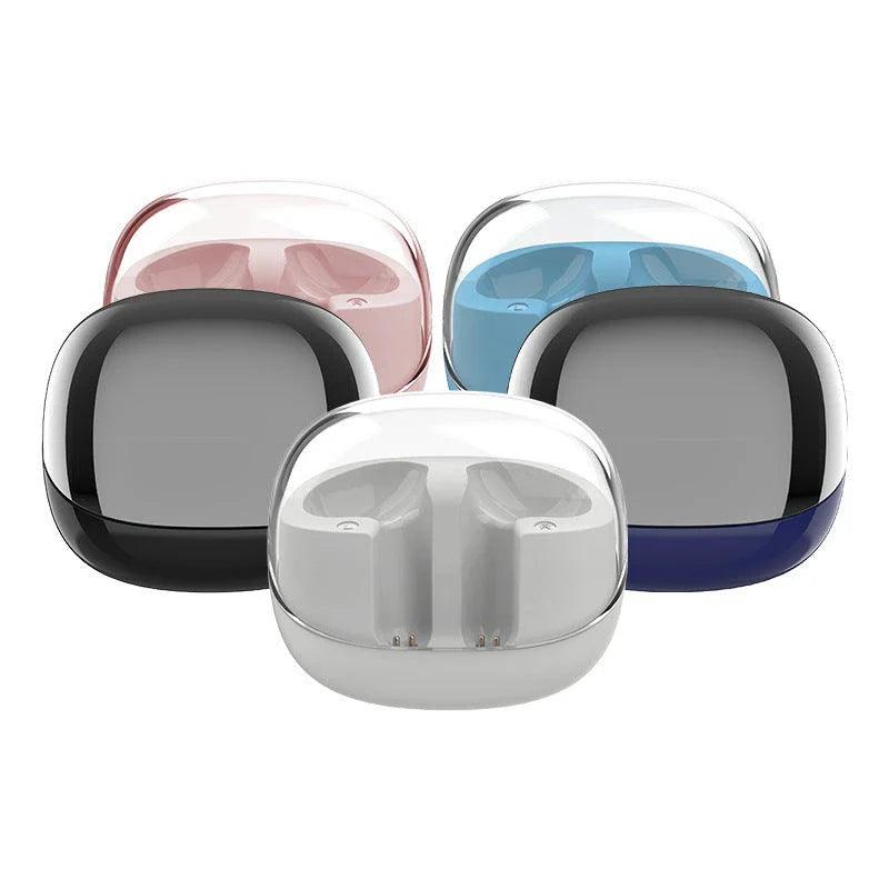 Wireless Bluetooth earbuds with transparent design, offering 9D surround sound, ergonomic fit, and convenient connectivity