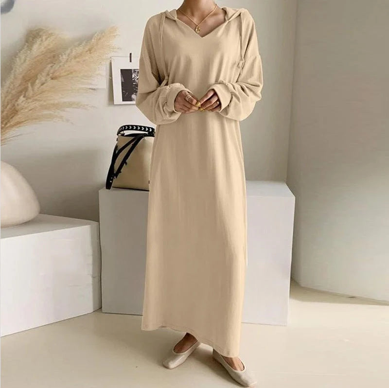 Stylish Japanese and Korean casual sweater dress in polka dot pattern with long skirt and sleeve design