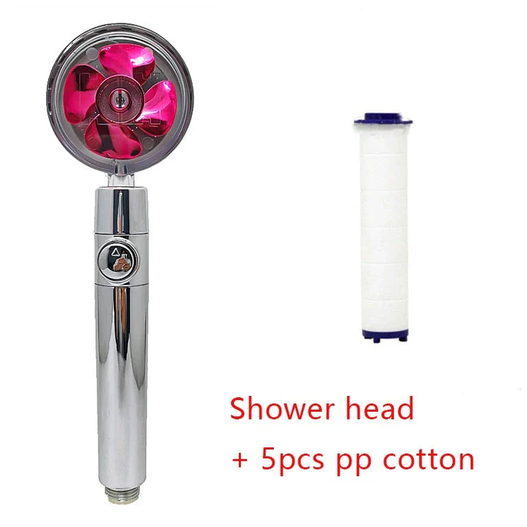 360-degree rotating high-pressure shower head with built-in fan and adjustable water spray