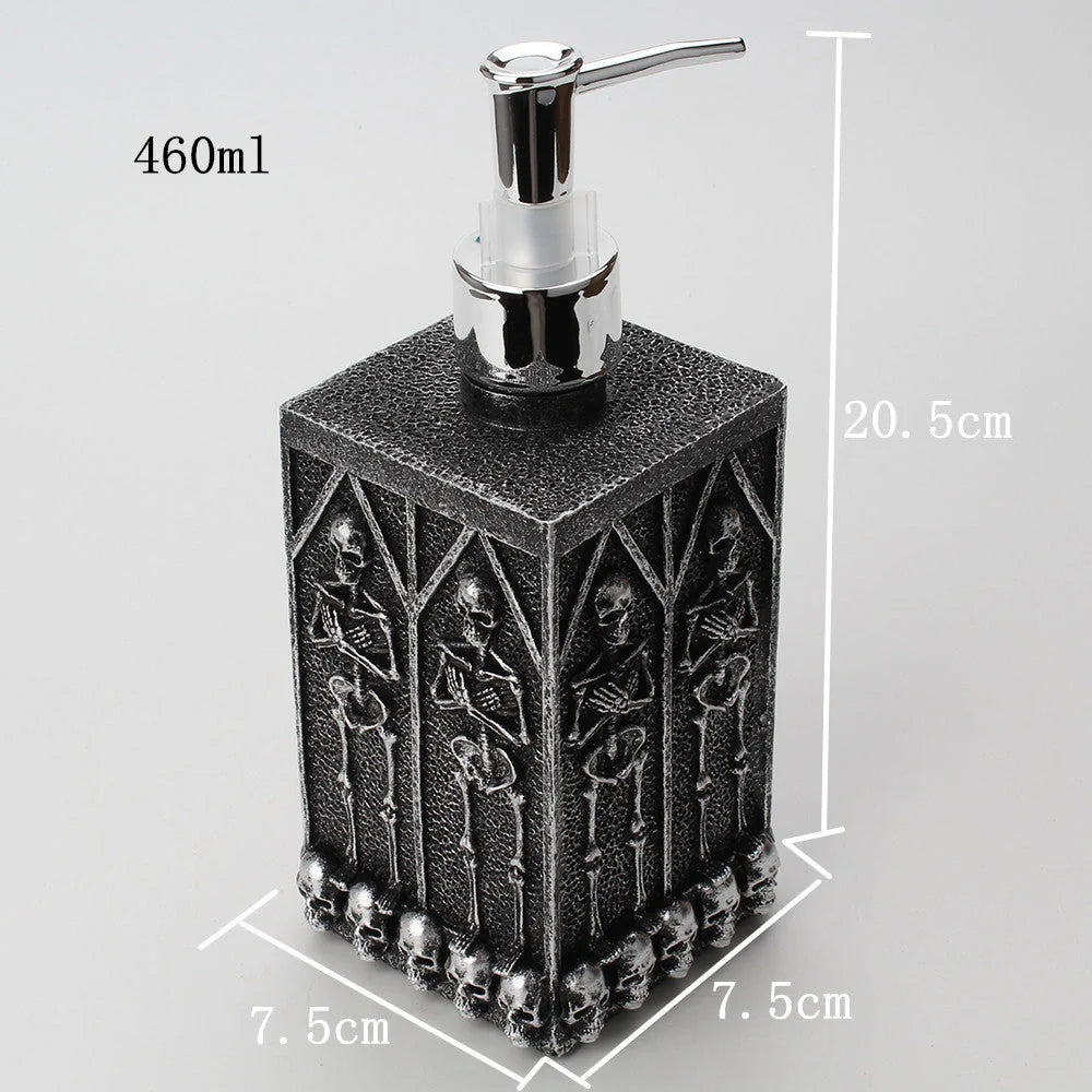 Stylish skull-shaped hand sanitizer dispenser made of premium resin with a large 460ml capacity for convenient hygiene on the go