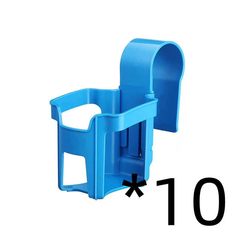 Poolside drink holder attached to the edge of a swimming pool, securely holding a variety of beverage containers.