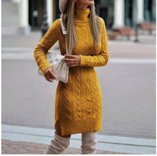 Stylish women's turtleneck knitted dress with slit design for winter warmth