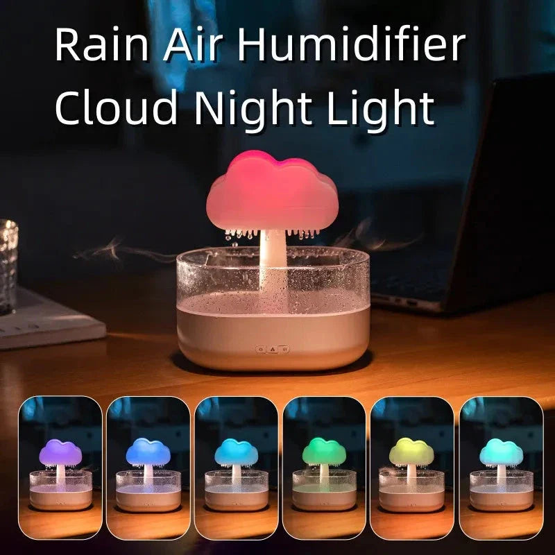 Stylish rain cloud-inspired humidifier with color-changing LED lights and essential oil diffuser for a relaxing and aromatic experience