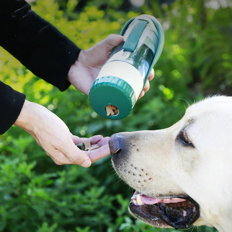 Portable pet water bottle with collapsible silicone bowl, perfect for traveling with dogs and providing hydration and meals on the go