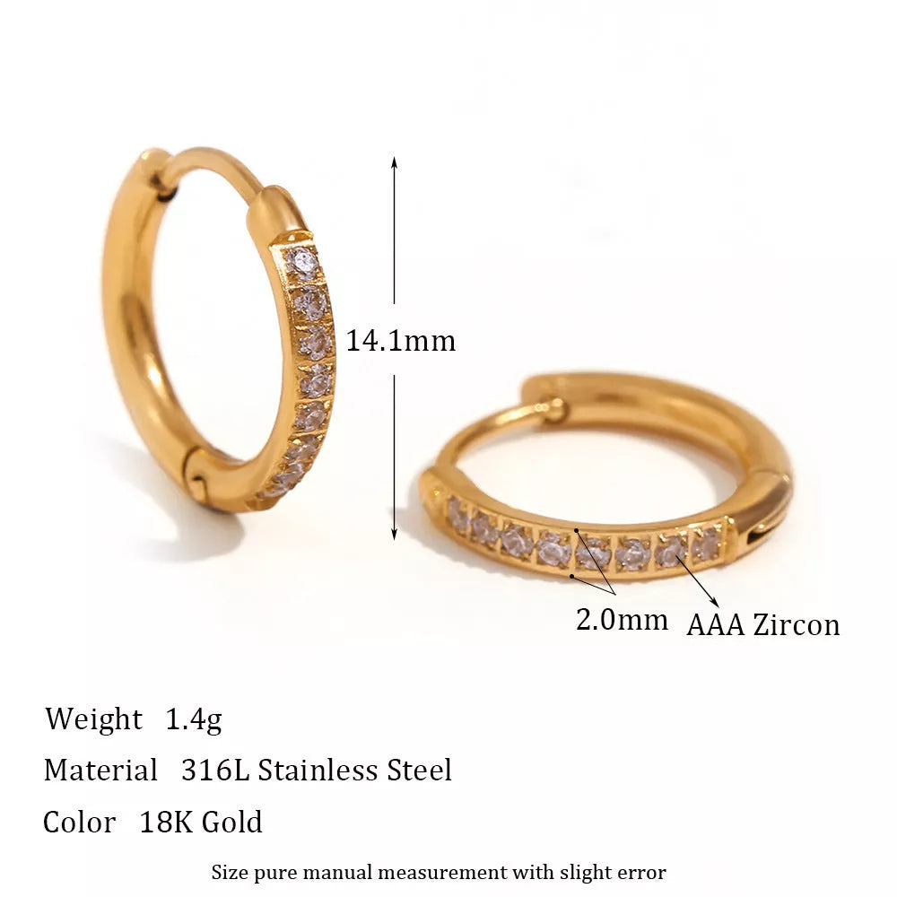 Women's titanium steel rounded edge zircon earrings in gold and steel finishes