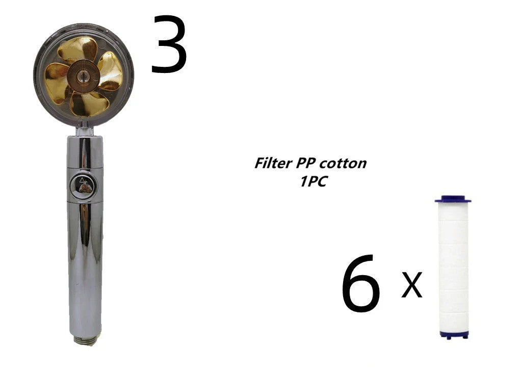 A high-pressure shower head with a stop button, cotton filter, and powerful water pressure for a luxurious bathing experience.