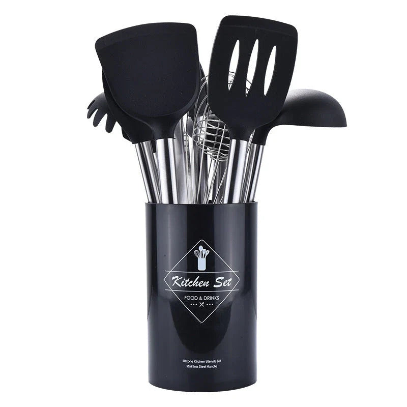 Premium silicone kitchen tool set with stainless steel handles, including various cooking and baking utensils