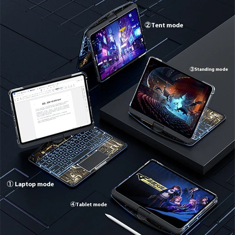 360-degree rotating keyboard case with transparent backplate and built-in Apple Pencil holder for iPad