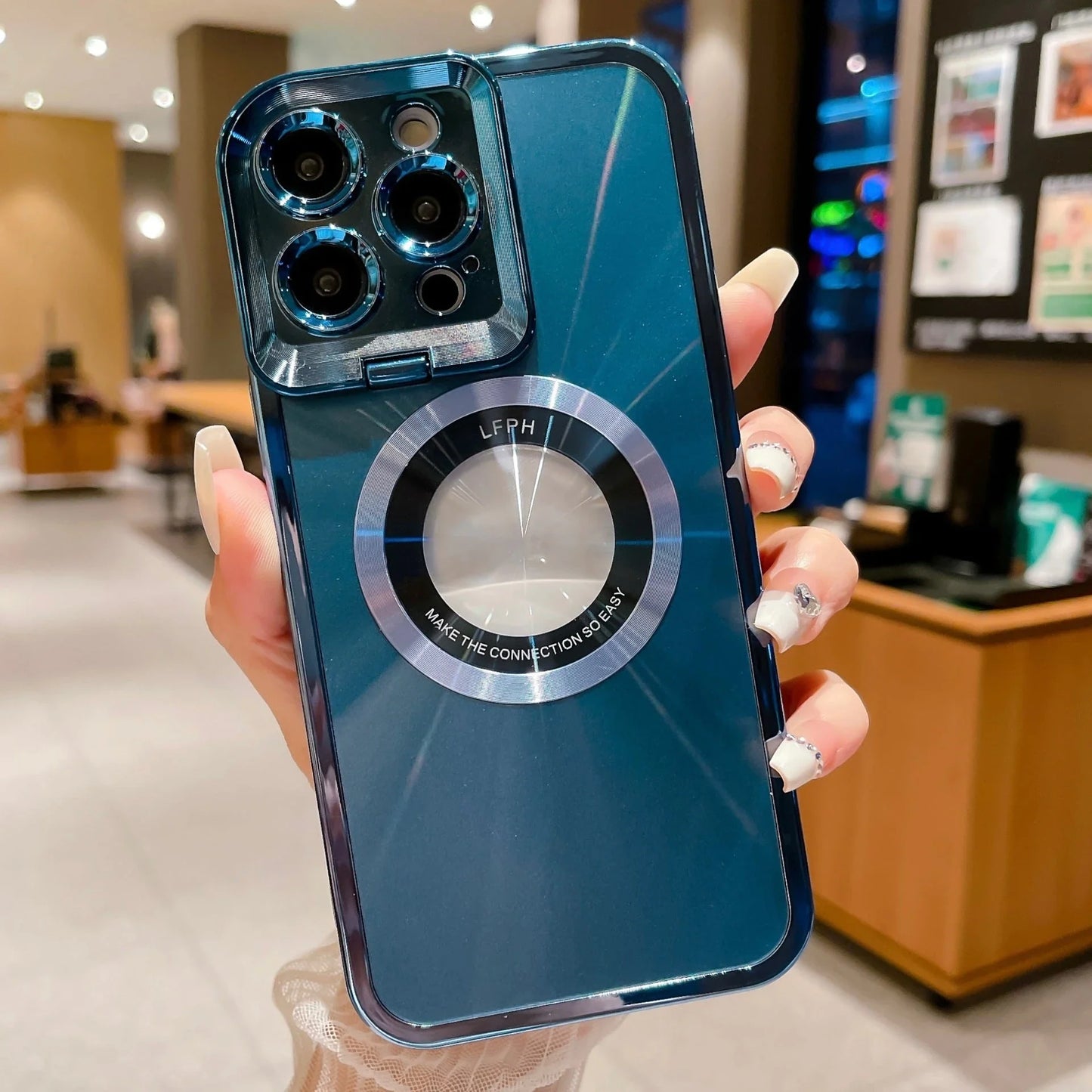 Sleek and stylish Magsafe phone case with invisible camera stand and CD pattern design