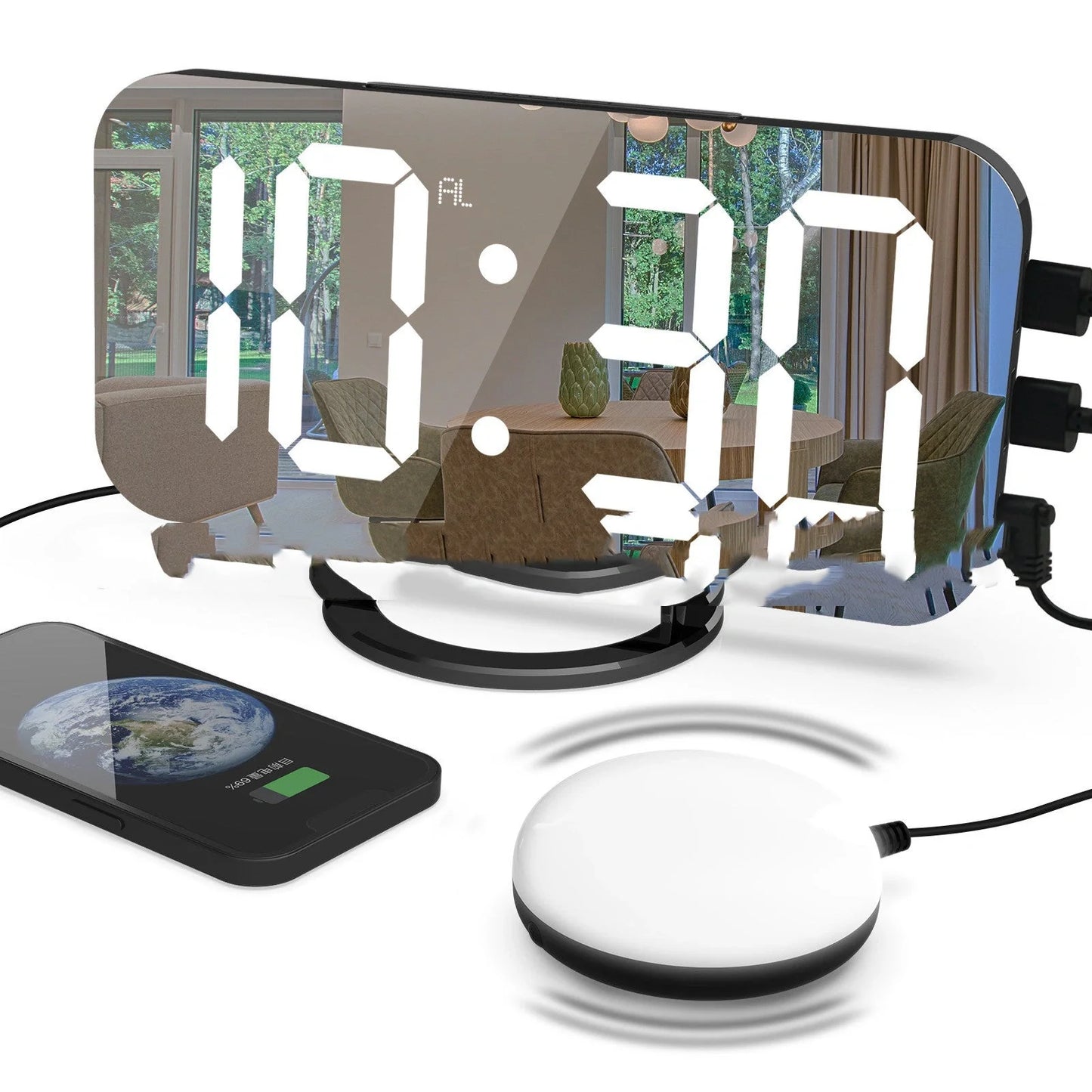 Digital mirror clock with LED display and dual USB ports on a desk