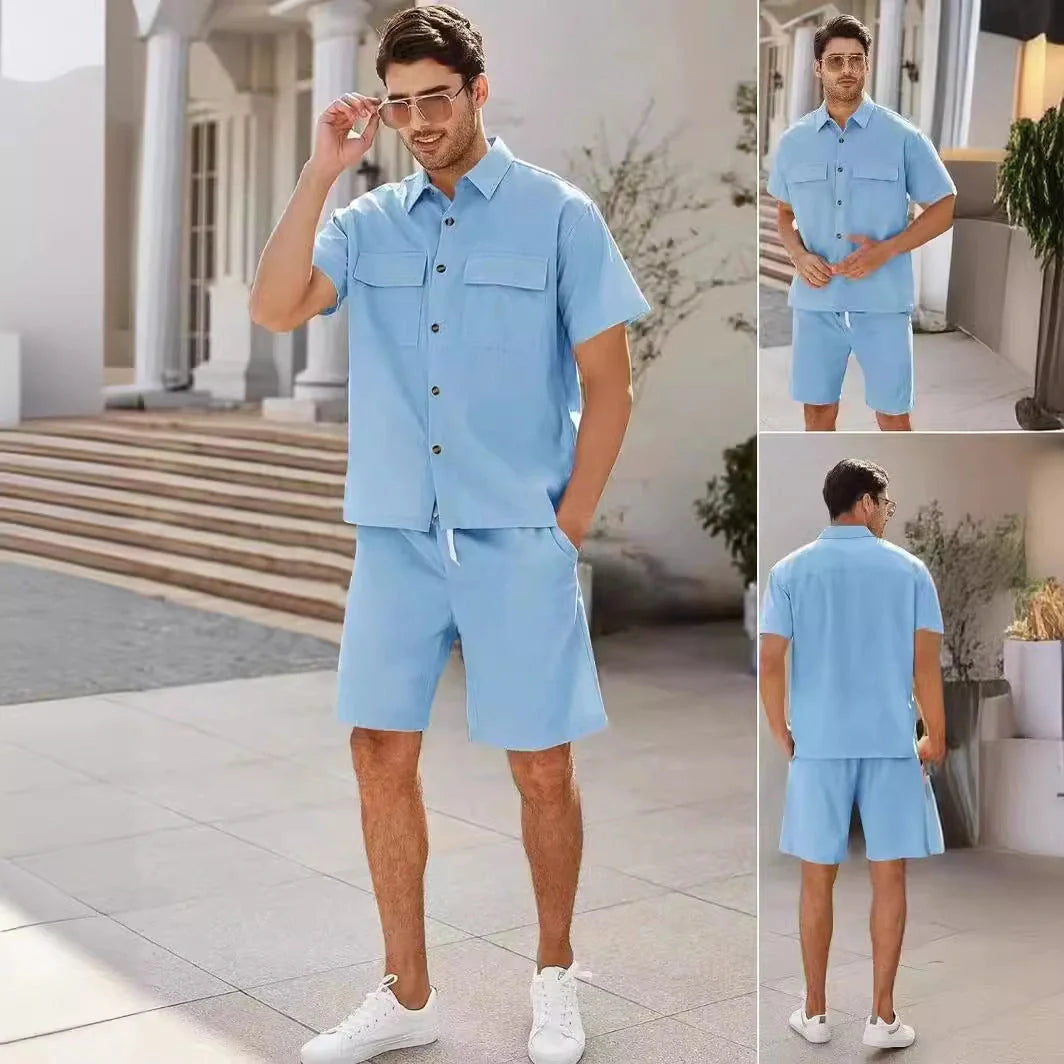 A stylish summer suit featuring a short-sleeved shirt and drawstring shorts in a variety of classic colours, perfect for leisure and sports activities.
