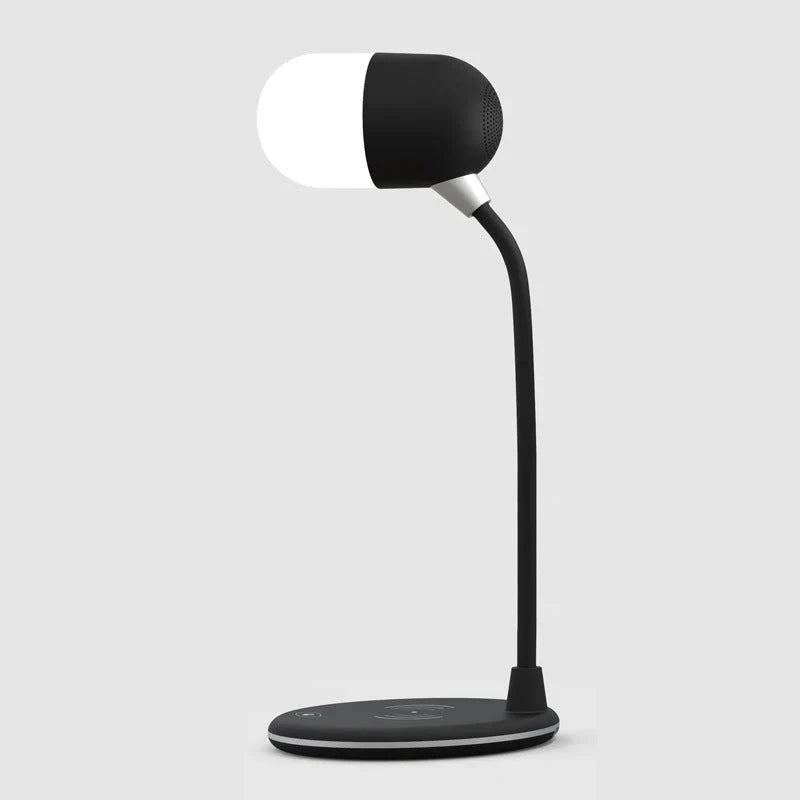 Versatile 3-in-1 desk lamp with wireless charging, Bluetooth speaker, and adjustable brightness controls
