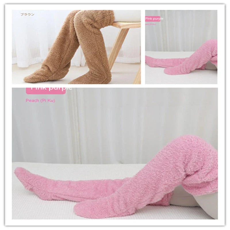 Cozy over-the-knee fuzzy socks in various colors, including brown, blue, dark gray, and pink purple