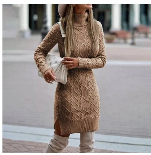 Stylish women's turtleneck knitted dress with slit design for winter warmth
