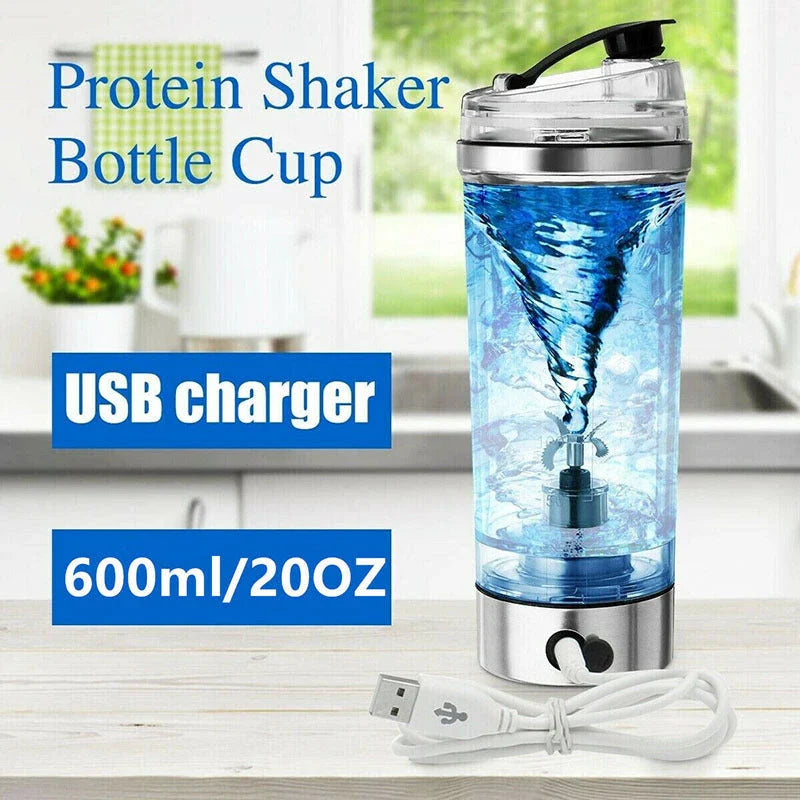 Cordless USB powered protein shake mixer cup with sleek white design and large 600ml capacity