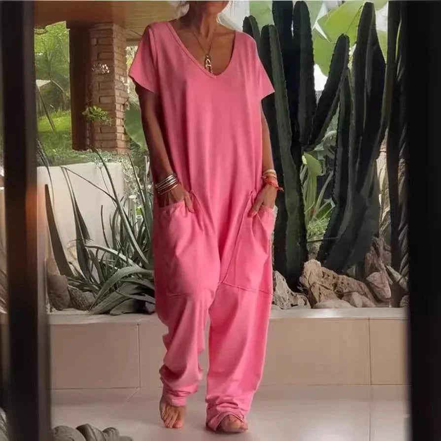 V-neck oversized pocket jumpsuit in solid colours for street fashion