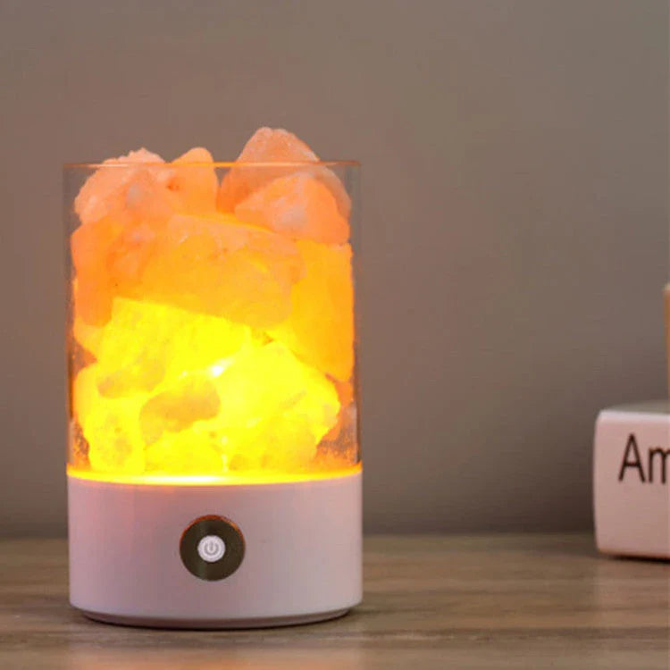 Himalayan salt lamp with warm, amber glow and adjustable lighting settings