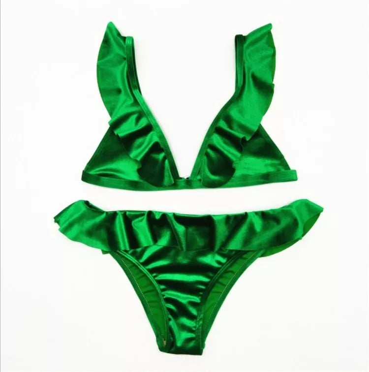 Women's Ice Velvet Ruffle Bikini Set in various colours with chest pad