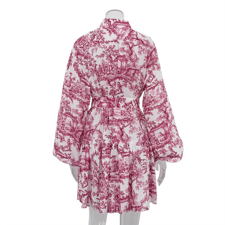 Stylish ink print A-line dress with fashionable puffy sleeves and lapel tie detail