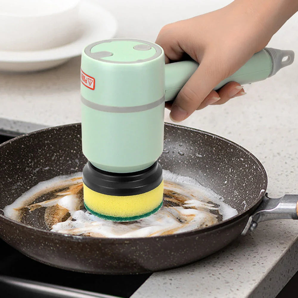 Powerful automatic cordless cleaning brush with interchangeable brush heads for cleaning kitchen, bathroom, and other surfaces