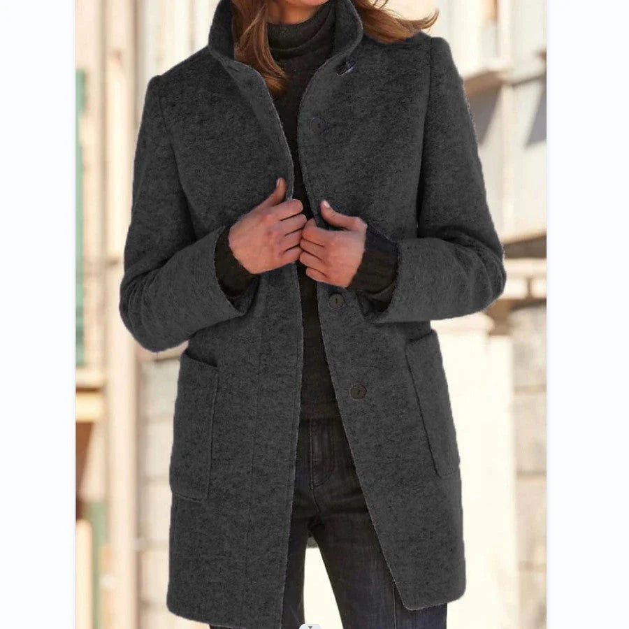 Fashionable wool coat with stand collar and pockets for women's fall/winter outerwear