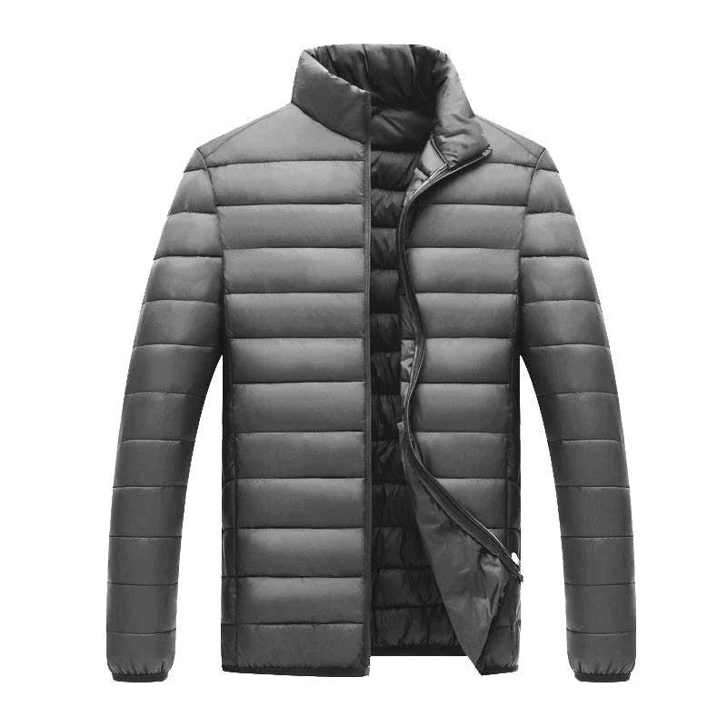 Men's insulated hooded jacket in various colors and styles with adjustable hood and zippered pockets