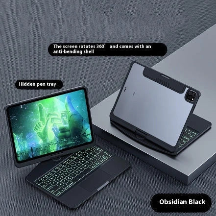 360-degree rotating keyboard case with transparent backplate and built-in Apple Pencil holder for iPad