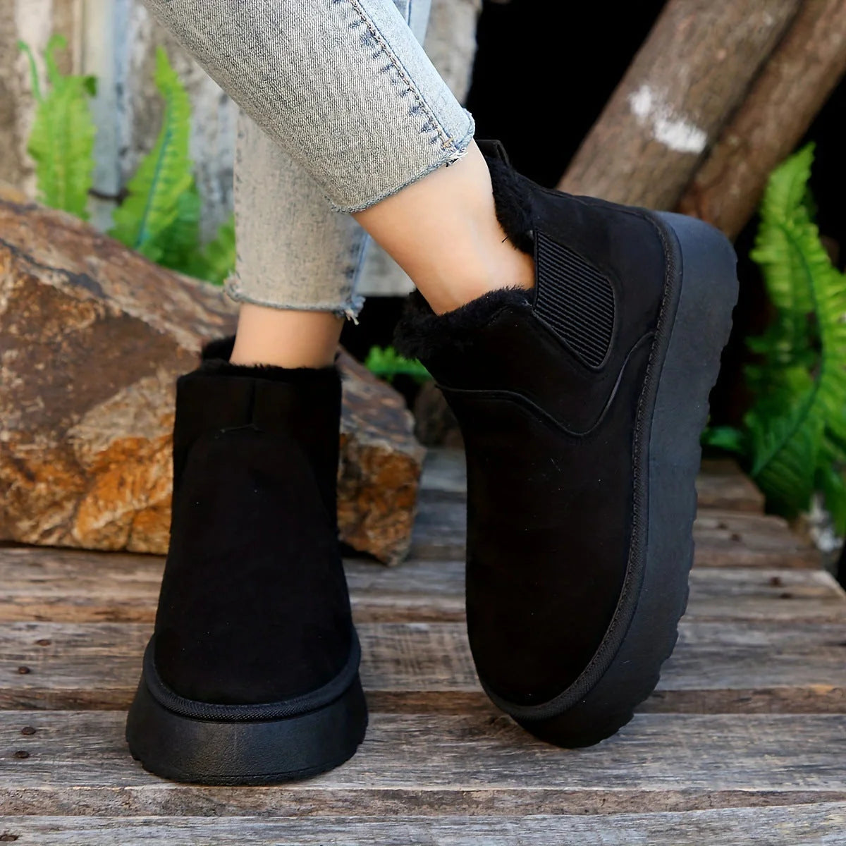 Stylish women's winter snow boots in various colours, featuring a thick sole and plush lining for warmth.