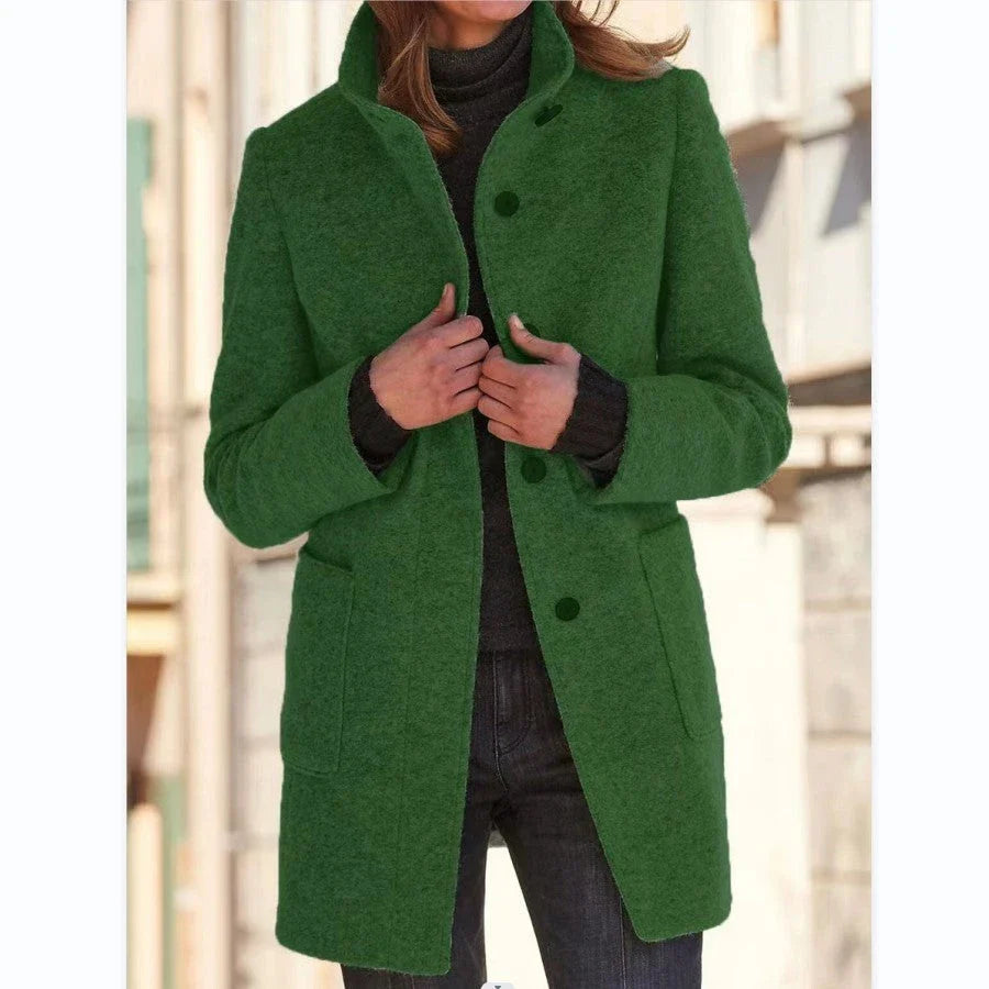 Fashionable wool coat with stand collar and pockets for women's fall/winter outerwear