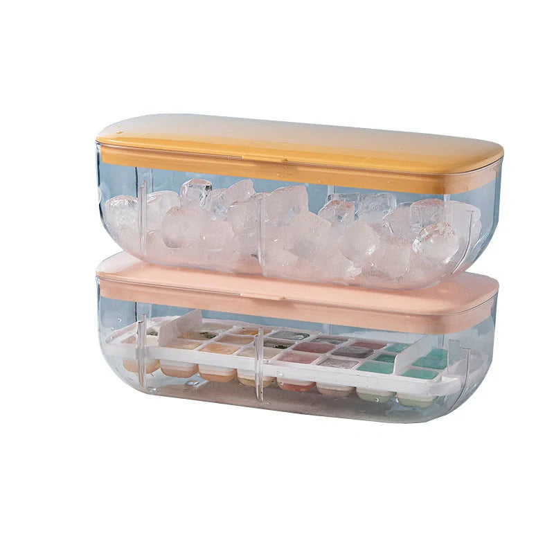 Quick demould ice cube tray set with storage box in yellow, blue, and pink