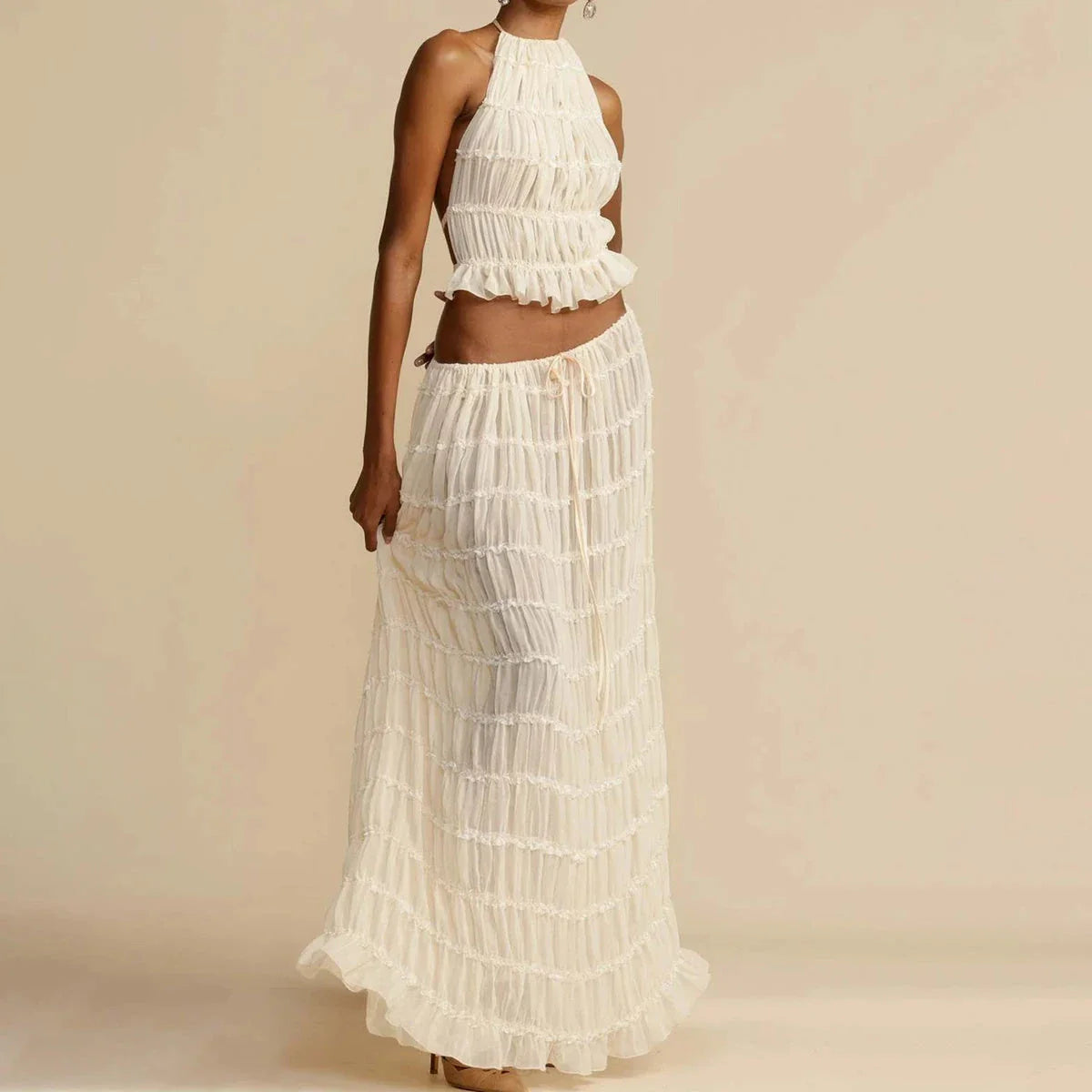 Chic sleeveless backless cropped halter top and pleated maxi dress set in various colors