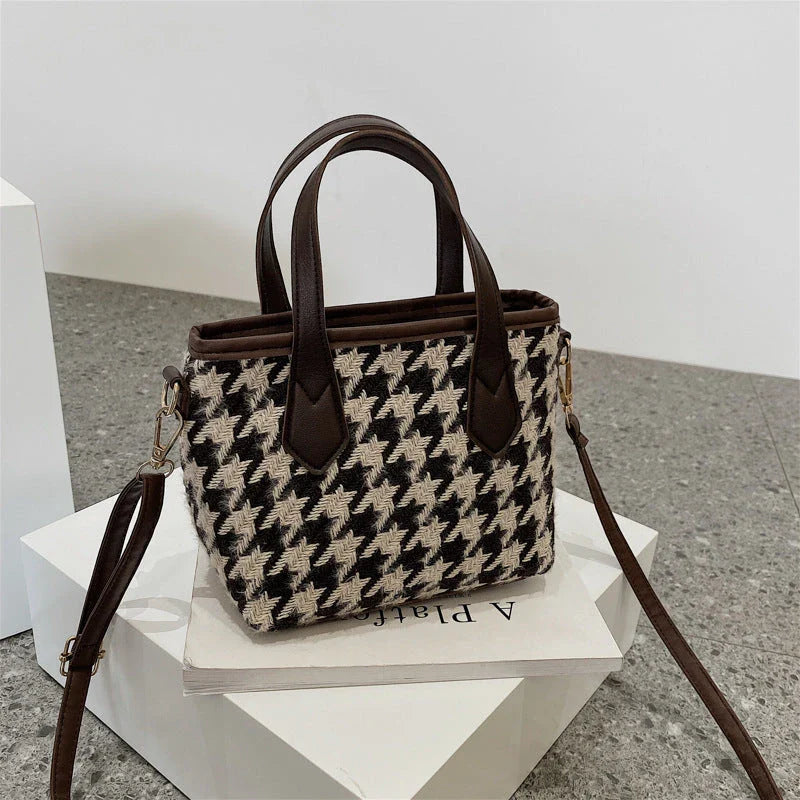 Stylish houndstooth shoulder bags in various colors, including black, coffee, and brown, with and without pendants, featuring a portable and versatile design for everyday use.