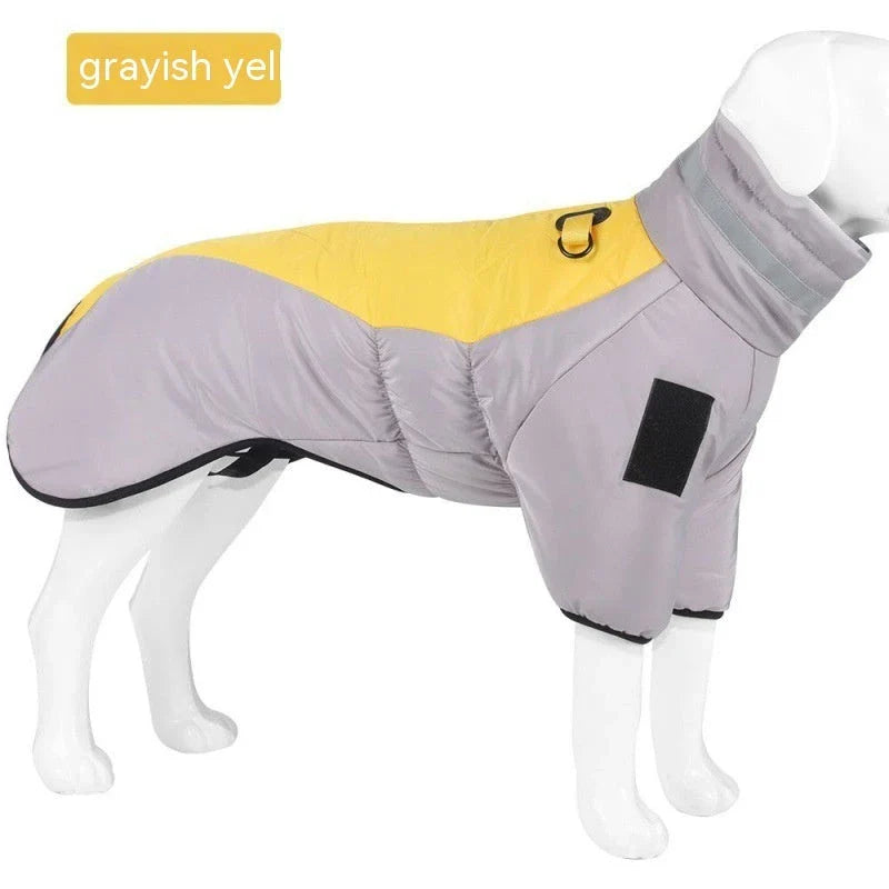Warm and waterproof dog coat in various colors, designed for medium to large dogs to keep them cozy and protected during the winter.