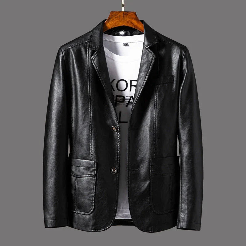 A stylish leather jacket with a unique studded lapel design, perfect for autumn and winter wear.