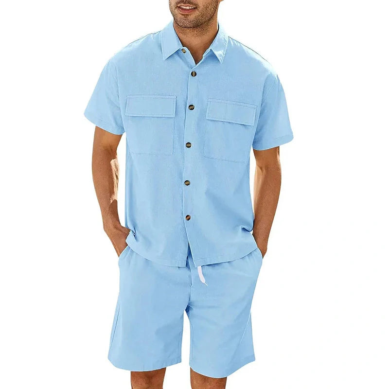 A stylish summer suit featuring a short-sleeved shirt and drawstring shorts in a variety of classic colours, perfect for leisure and sports activities.