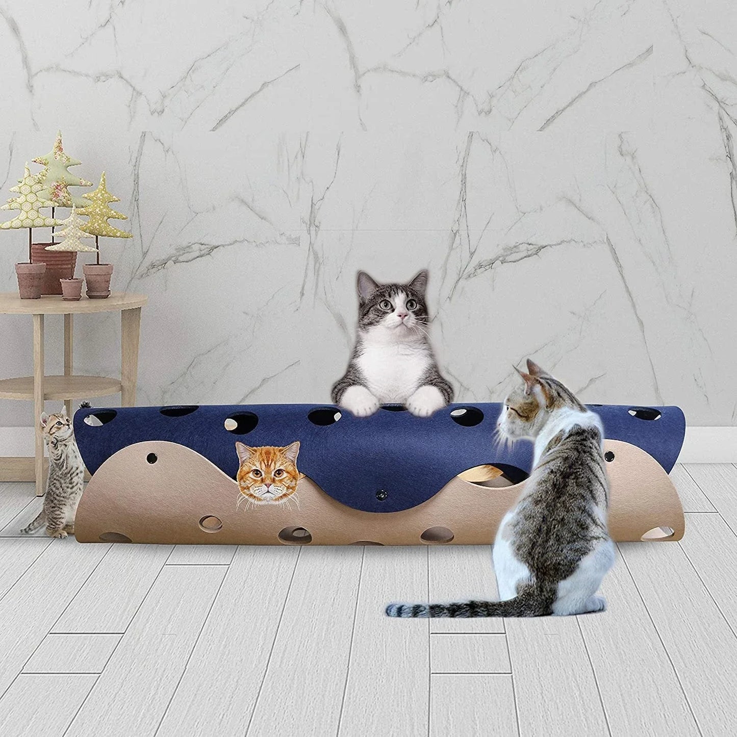 Cozy Felt Cat Tunnel with multiple peek-a-boo holes, available in various stylish color options for interactive play and relaxation.