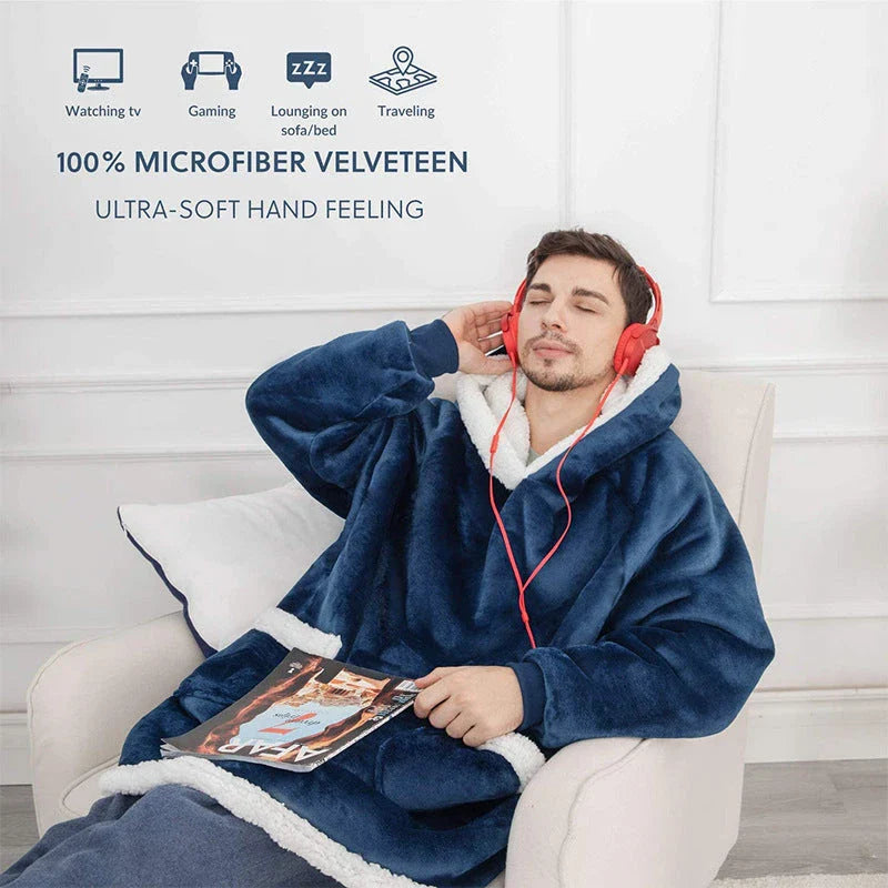Comfy oversized TV hoodie blanket in various stylish colors, perfect for cozy movie nights and relaxation at home.