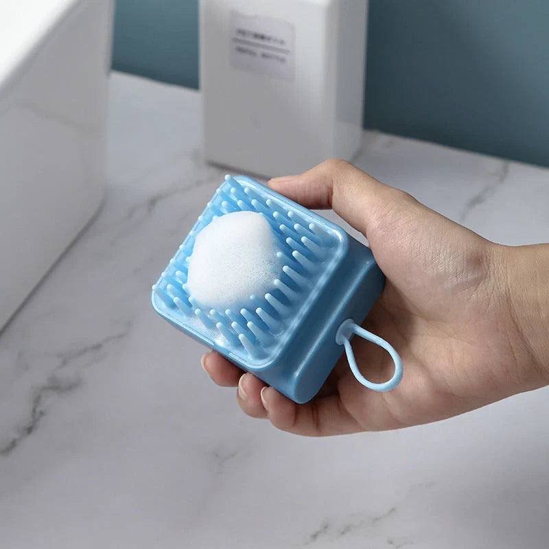 Soft TPR Pet Bath Massage Brush for dogs and cats in white, pink, blue, and yellow