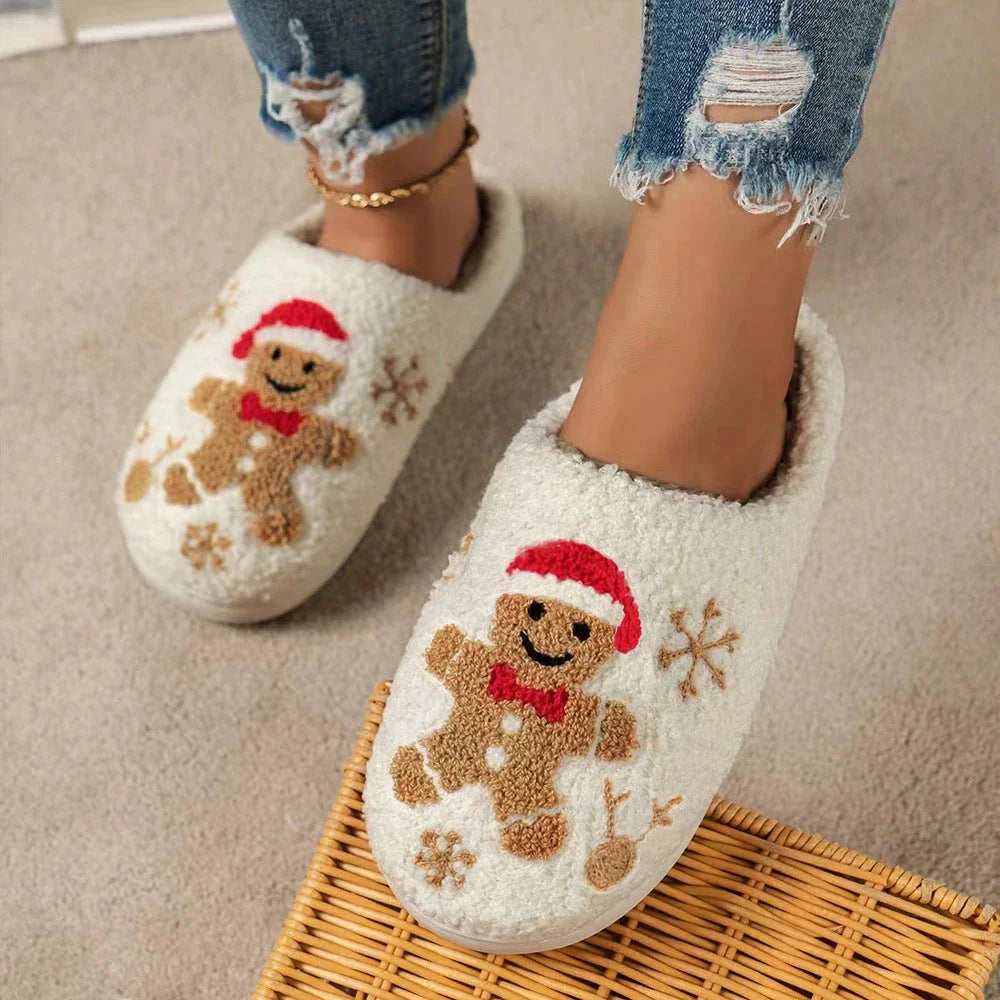 Cozy Christmas snowflake and gingerbread man slippers with plush, non-slip soles for comfortable indoor wear
