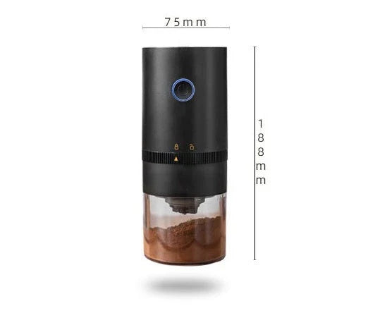 Portable electric coffee grinder with adjustable grind settings, USB-C charging, and dishwasher-safe components for fresh ground coffee on the go.