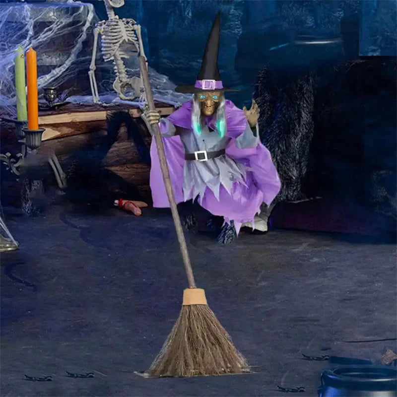 Captivating 6-foot-tall floating witch decoration with lifelike face and dramatic purple skirt, perfect for spooky Halloween displays