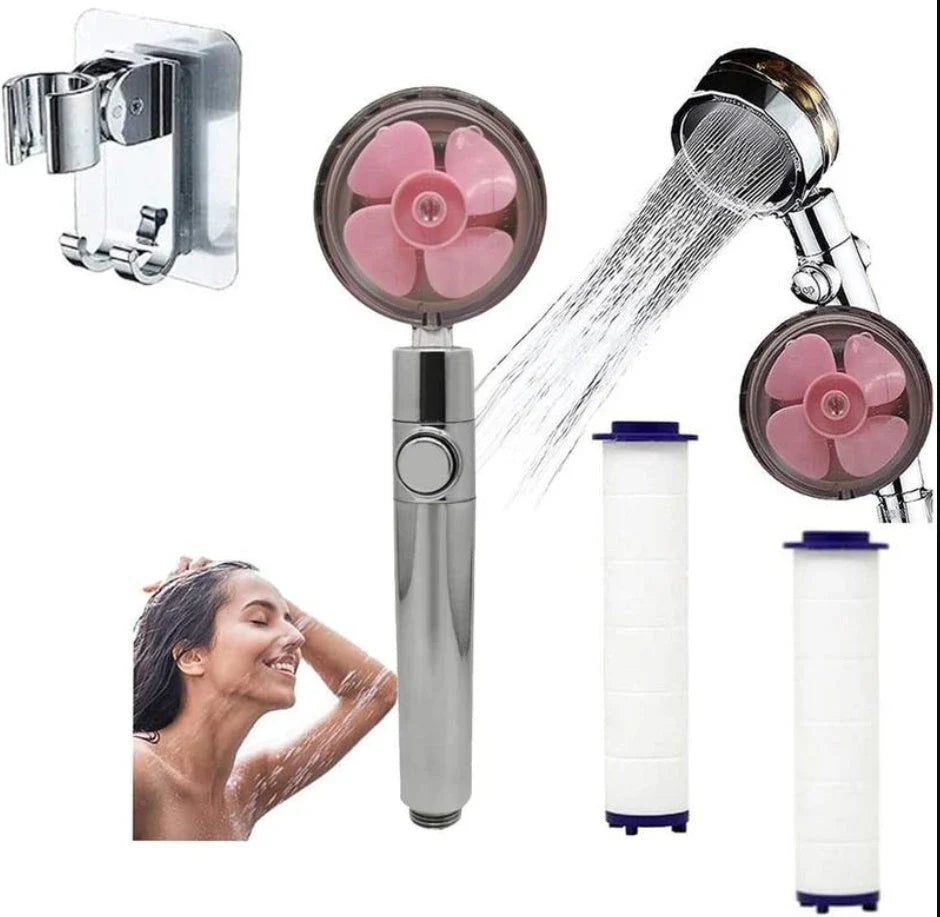A high-pressure shower head with a stop button, cotton filter, and powerful water pressure for a luxurious bathing experience.