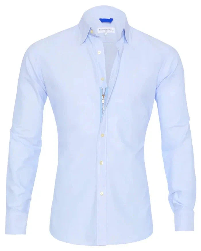 Long sleeve zip-up shirt with button and lapel details in a variety of colors