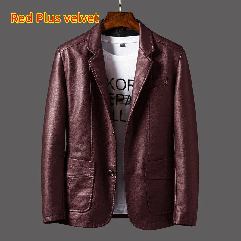A stylish leather jacket with a unique studded lapel design, perfect for autumn and winter wear.