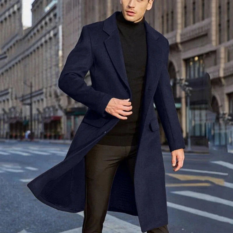 Premium woollen men's trench coat in a range of sophisticated colours, featuring a timeless British design and high-quality construction.